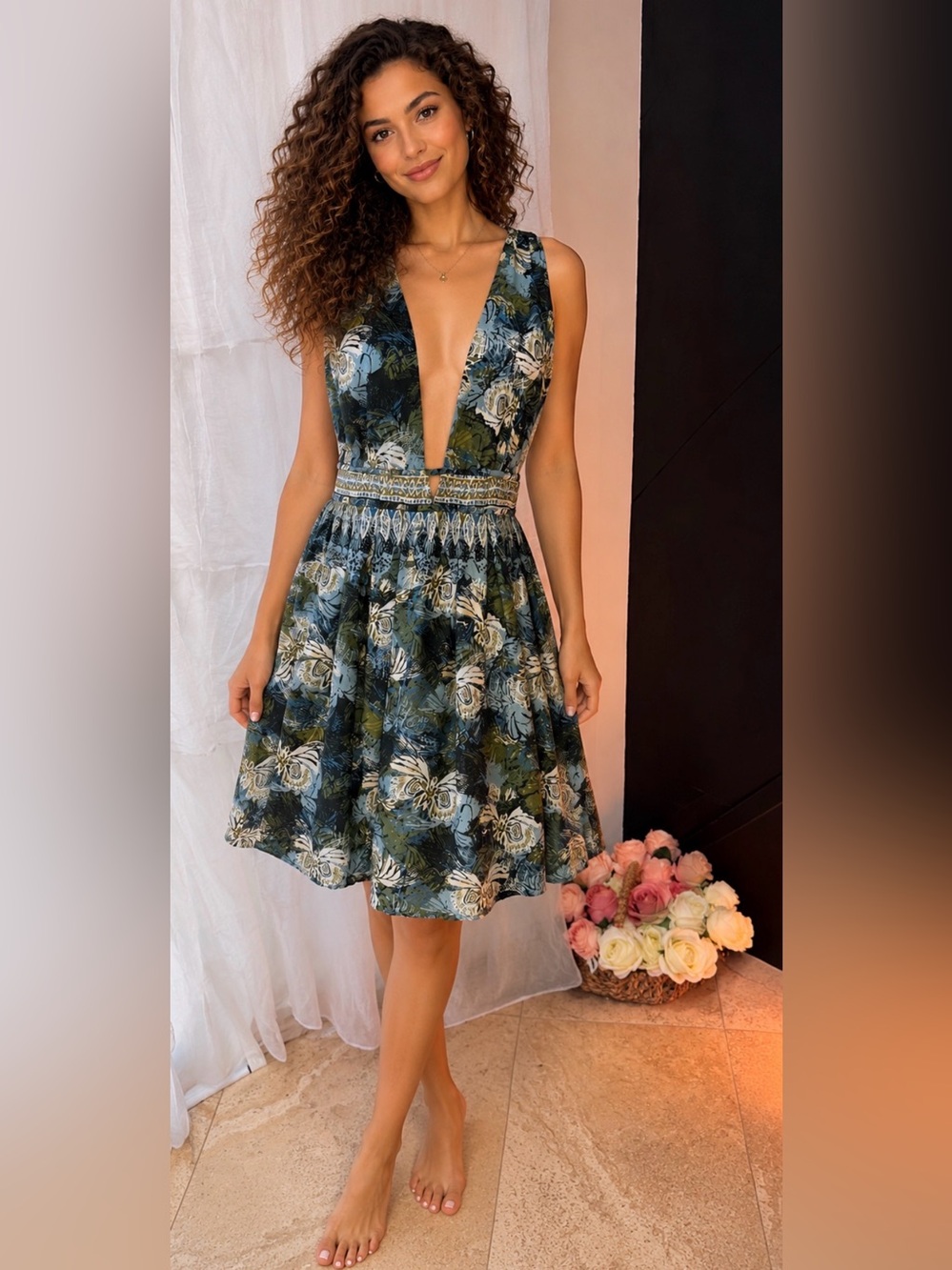 Free People Blue Green Floral Plunge Mini Dress size Large